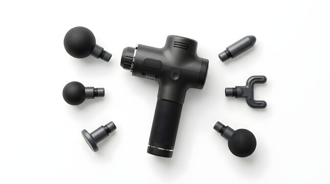 Black massage gun with multiple interchangeable heads for muscle recovery