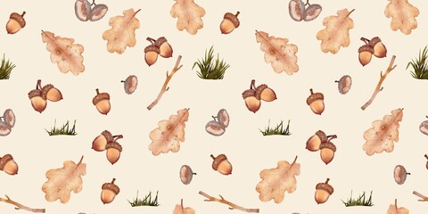Seamless Watercolor Autumn Pattern with Acorns, Oak Leaves, Twigs and Grass on Warm Cream Background © Halyna