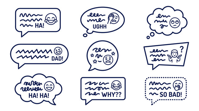 Set of nine outline speech bubbles containing various emotive text and facial emoji expressions