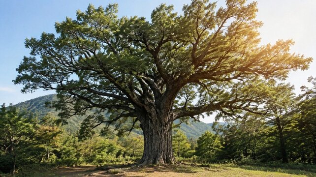 Majestic ancient oriental cork oak tree with a broad canopy in a mountain forest