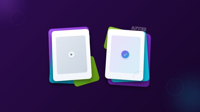 A comparison showing a media player transition to a completed task state on tablets demonstrates how software development workflows enhance productivity through intuitive visual interface