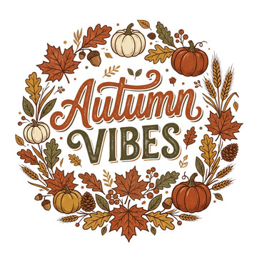 Beautiful Hand Lettered Autumn Vibes Quote Surrounded By Fall Foliage And Pumpkins
