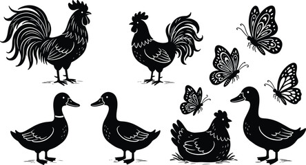 Obraz premium Set of black silhouettes of farm animals, roosters, ducks, hens, and butterflies on white
