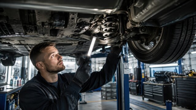 Male auto technician holding a portable LED inspection light to examine the rear coil spring, shock absorber, and suspension components under a vehicle elevated on a hydraulic hoist in a repair worksh