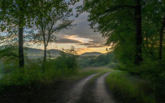 Winding dirt path leads through dense green forest towards rolling hills under a soft golden sunset sky featuring dramatic clouds and warm natural lighting in a peaceful rural country landscape