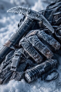 Macro close-up of frosted mountaineering gear, including an ice axe, winter gloves, emergency whistle, and tactical flashlight covered in frost on top of a backpack in the snow. Extreme winter surviva