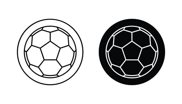 Soccer ball vector icon isolated on white Black and white outline line art and solid glyph silhouette