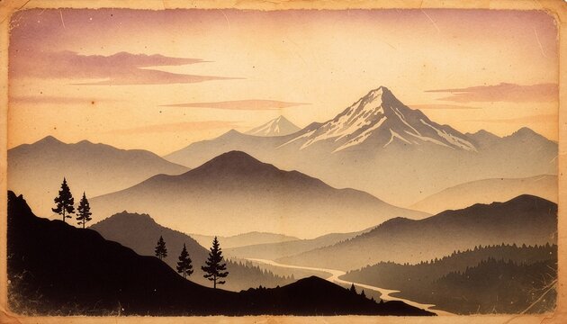 Vintage Himalayan landscape silhouette on textured handmade paper