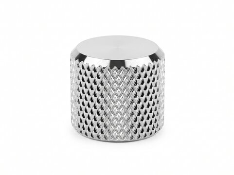 Solid aluminum synthesizer potentiometer knob with diamond-cut side knurling and polished chamfered edge. Electronic music hardware isolated on white.