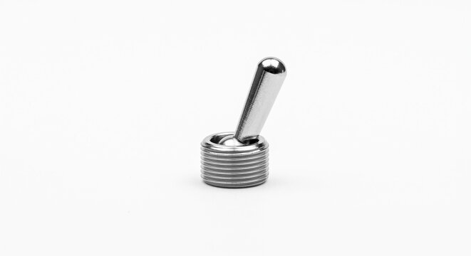 Heavy-duty synthesizer toggle switch bat lever. Micro-machined polished chrome actuator with threaded mounting bushing. Electronic hardware on white.