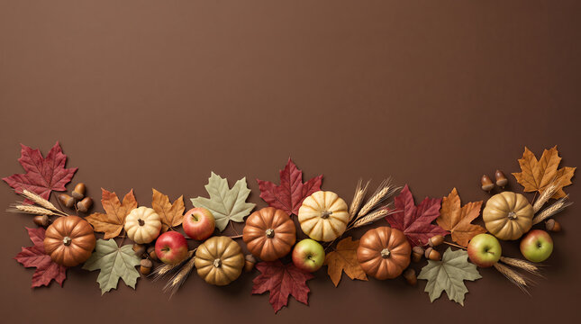 A beautiful autumn harvest arrangement displays pumpkins gourds and vibrant colorful fall foliage set against a rich warm brown background for seasonal themes