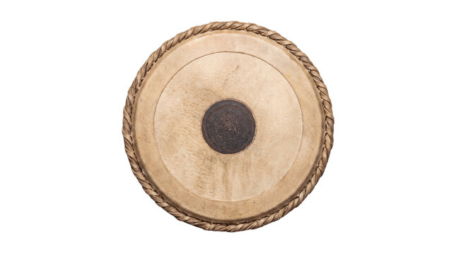 Traditional Indian tabla drum top view, ethnic percussion instrument with leather skin and black syahi, musical equipment for classical folk music isolated PNG with Transparent Background