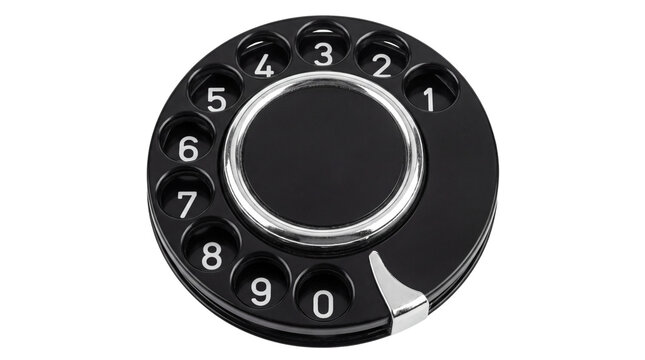 Vintage rotary phone dial with black plastic finish. Antique telephone number wheel with chrome accents. Retro communication equipment part. isolated PNG with Transparent Background