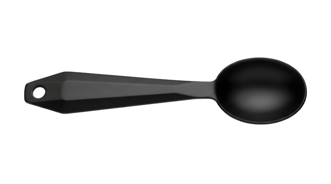 Black plastic measuring spoon, sleek kitchen utensil. Modern cookware tool for baking ingredients. Matte texture design. Cooking aid isolated on white background. Culinary supply for recipes.