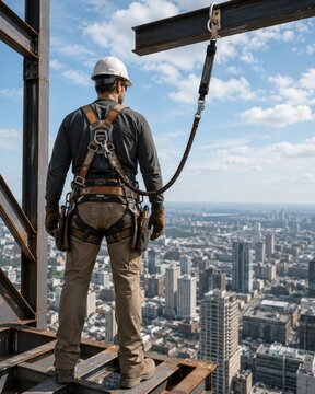 Rear view of a construction worker wearing a white hardhat and full-body safety harness secured with a lanyard to a steel I-beam on a high-rise building, looking over a cityscape. High-altitude constr