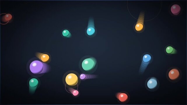 Abstract Colorful Bouncing Balls with Motion Trails and Ripple Rings on Dark Background. Dynamic Physics Particle Animation Asset for Gaming and Motion Graphics.