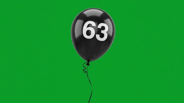 Black balloon with number 63 floating on green screen