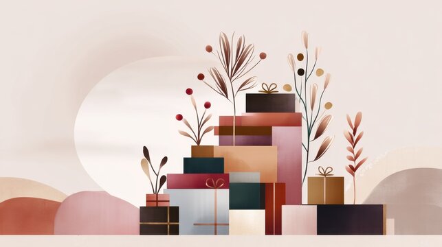 Layered gift box stack with floral branches for christmas holiday greeting card and poster background in warm pastel palette and elegant layout