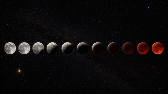 Time-lapse composite image showing the chronological phases of a total lunar eclipse, transitioning from a bright full moon through partial shadow to a deep red blood moon against a starry outer space