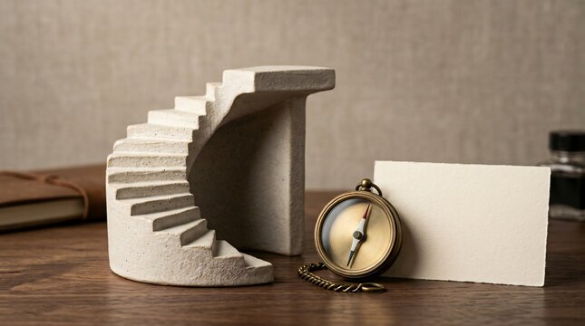 Career growth and business direction concept photo. Miniature concrete spiral staircase on a wooden desk next to a vintage brass compass and a blank white card for copy space