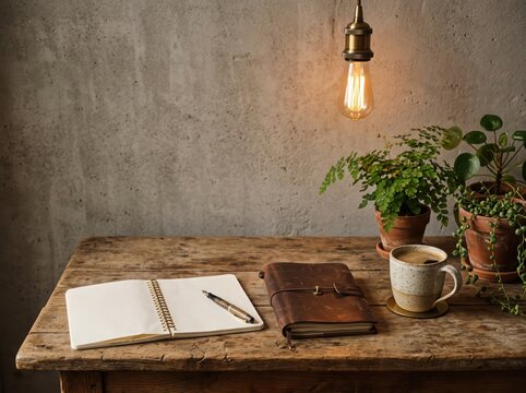 Rustic Wooden Desk Workspace with Open Notebook, Leather Journal, Coffee Cup, Green Houseplants and Warm Pendant Light in Cozy Home Interior