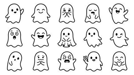 Fototapeta premium Set of cute little ghost characters with different emotions isolated on white background, Vector