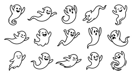 Obraz premium Set of cute cartoon ghosts for Halloween design isolated on white background, Vector