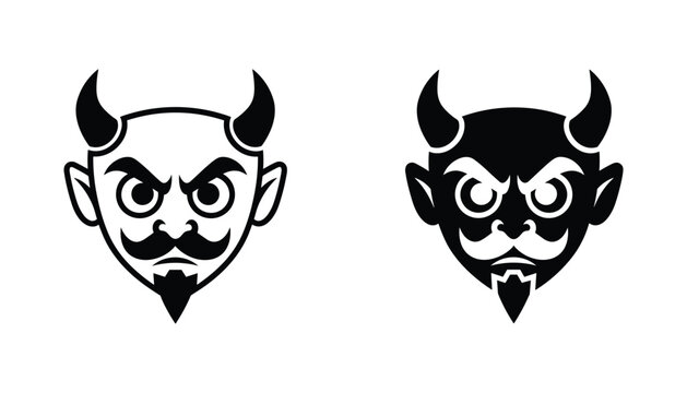 Devil face vector icon isolated on white Black and white outline line art and solid glyph silhouette