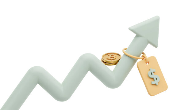 Light green zigzag arrow chart with gold bitcoin coins and a hanging dollar sign price tag isolated on a transparent background