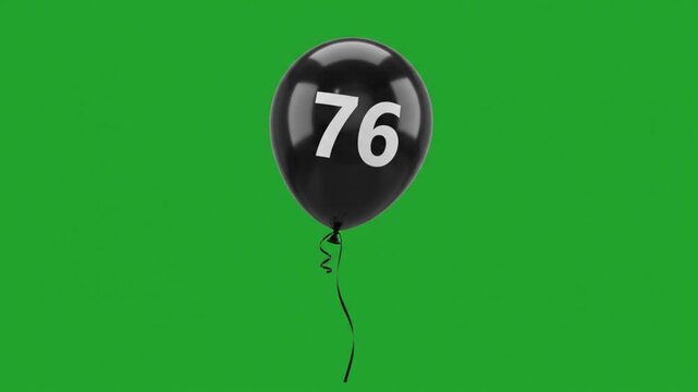 Black balloon with number 76 floating on green screen