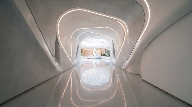 Luxury Futuristic Corridor with Elegant Golden Illuminated Arches, Reflective Surfaces, and a Bright Horizon Creating a Premium Modern Atmosphere