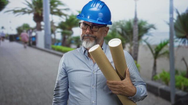 Architect holding rolled plans and wearing blue hardhat on a coastal street promenade with palm trees and walkway; planning determination.