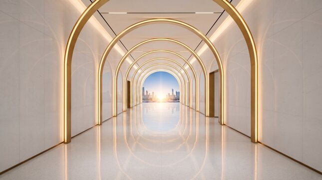 Luxury Futuristic Corridor with Elegant Golden Illuminated Arches, Reflective Surfaces, and a Bright Horizon Creating a Premium Modern Atmosphere