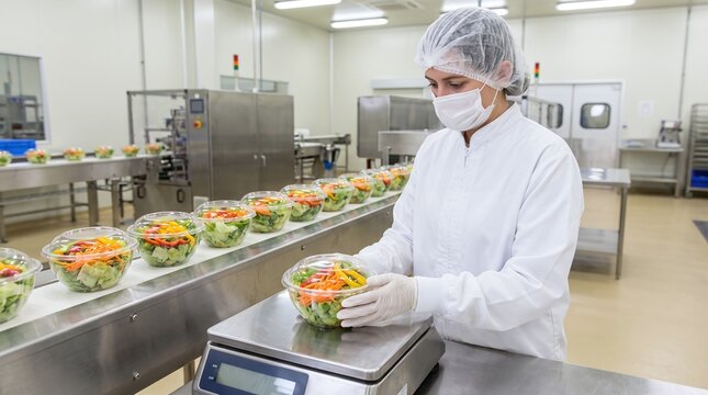 Worker in sterile uniform and mask weighing prepackaged salads on a conveyor belt