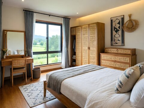 A cozy, modern bedroom with a wooden bed, a vanity, and a wardrobe with woven rattan accents. The room features a large window with a view of a lush green landscape