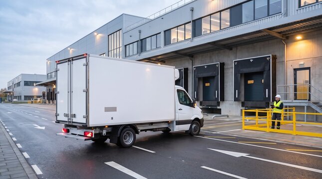 White refrigerated truck parked at a warehouse loading dock with a worker overseeing operations