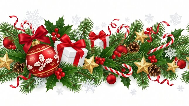 Christmas border with pine branches and red ornaments. Festive holiday garland with gift boxes and candy canes. Winter decorative header for greeting cards.
