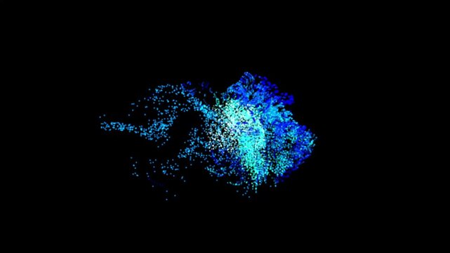 Abstract blue particle explosion and digital data cloud on black background