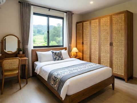A cozy, modern bedroom with a wooden bed, a vanity, and a wardrobe with woven rattan accents. The room features a large window with a view of a lush green landscape