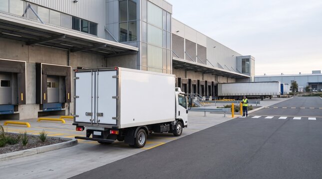 White delivery truck parked at loading dock beside a modern industrial warehouse facility