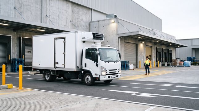 White refrigerated truck arriving at a loading dock with a worker standing nearby