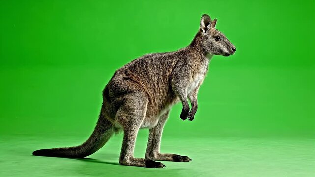 Kangaroo standing still on a vibrant green background with subtle cinematic motion