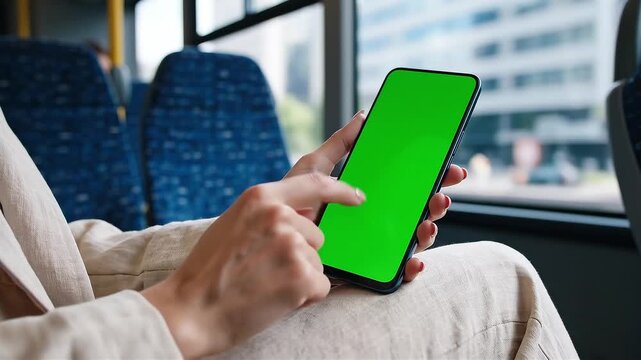 Hand touching green screen phone in moving bus with urban background cinematic motion