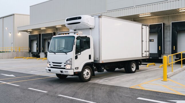 White refrigerated box truck parked at a loading dock of a large warehouse building