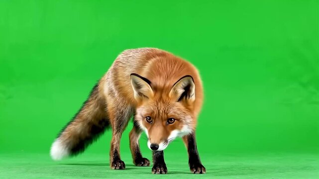 Red fox walking and sniffing during daylight against a green screen background