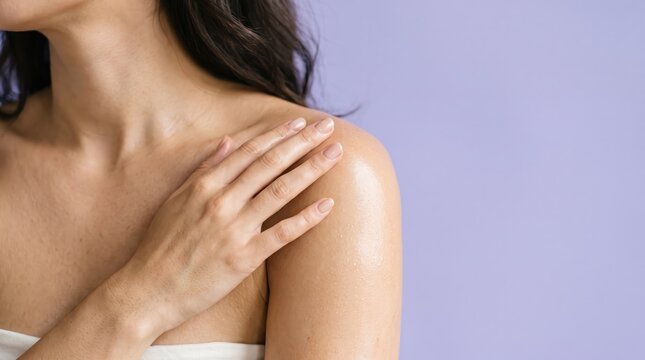 of woman applying moisturizing cream on shoulder, skin care routine, beauty treatment, healthy glowing skin texture, soft touch, self care, spa wellness, hydration, female hand