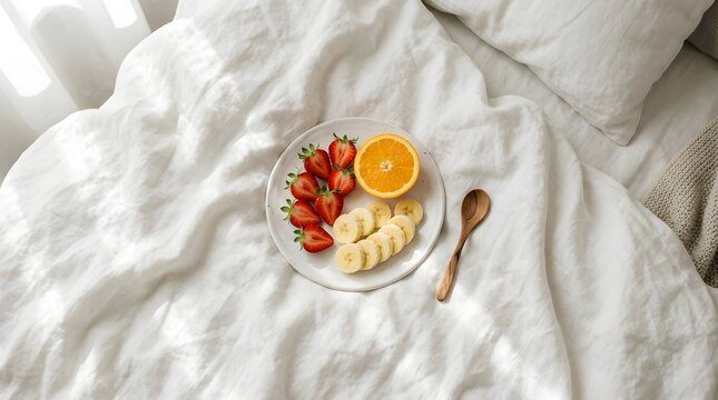 Healthy fruit breakfast plate with strawberries, banana and orange served on white bed sheets