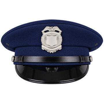 Professional, high-definition centered product photograph of a structured police service cap with an unbranded silver badge, isolated on a transparent background

