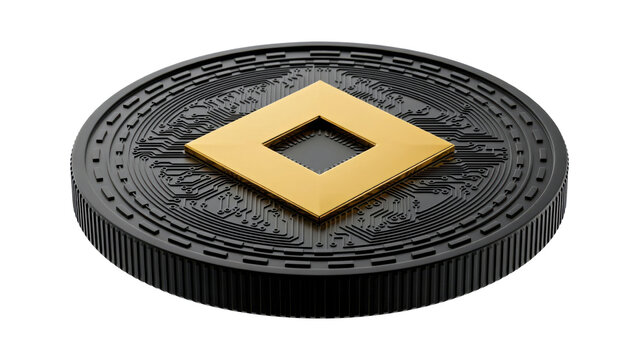 Matte black coin with a central gold square and intricate circuit board pattern engraved on the surface isolated on a transparent background