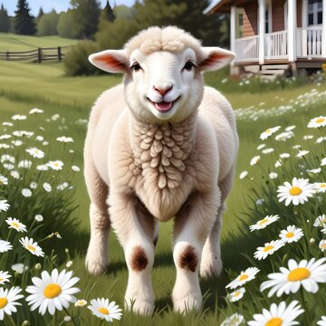 Pintura digital de um cordeirinho marrom e lanoso, fofo e sorridente, em uma fazenda; animal de fantasia estilo desenho animado 3D